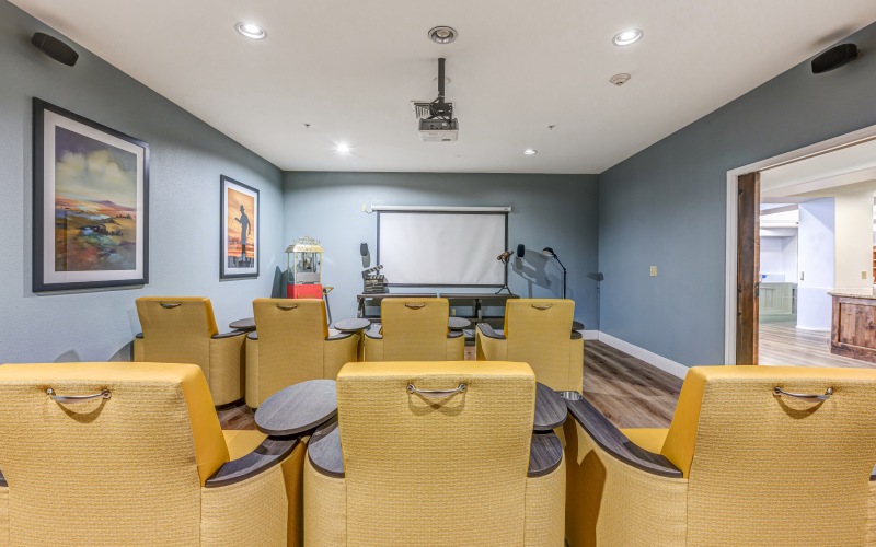 Movie theater with yellow chairs and large TV