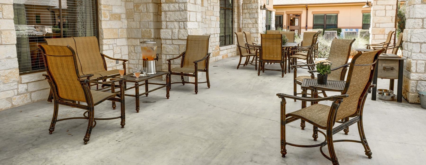 an outdoor patio with seating areas